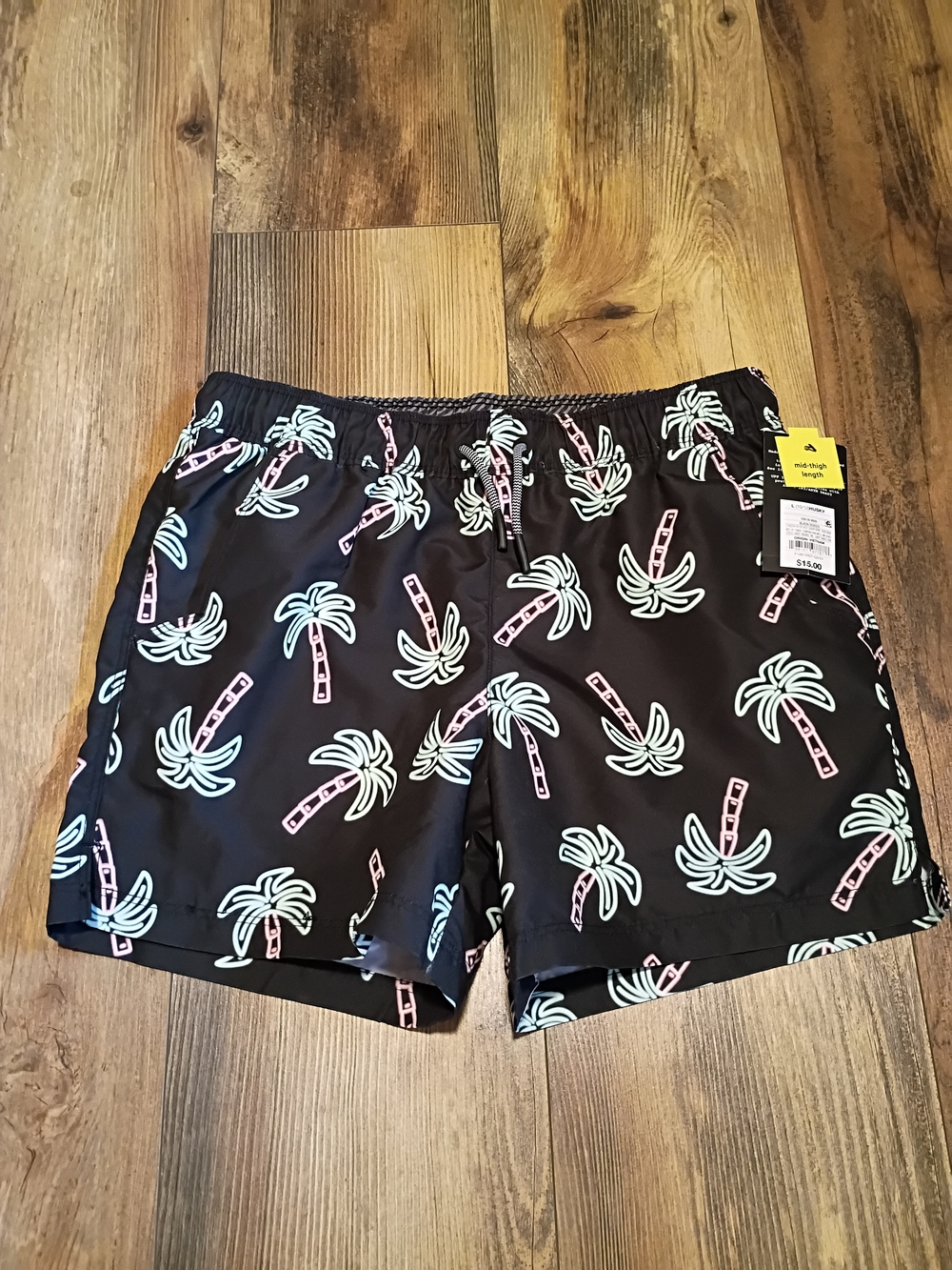art class Black Swim Trunks with Mint & Pink Palm Print